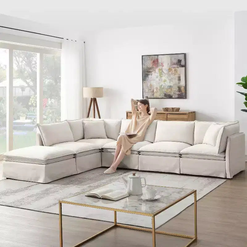 GDFStudio Nelson Moderne 125.5 Canapé Sectionnel Modulaire surdimensionné en Chenille en Forme de L avec Pouf Mobile