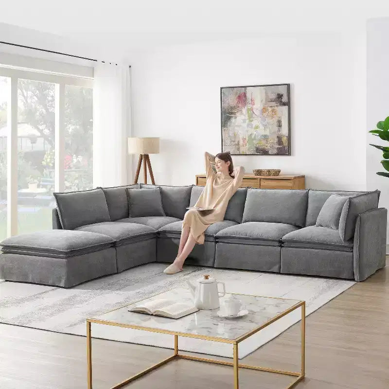 GDFStudio Nelson Moderne 125.5 Canapé Sectionnel Modulaire surdimensionné en Chenille en Forme de L avec Pouf Mobile