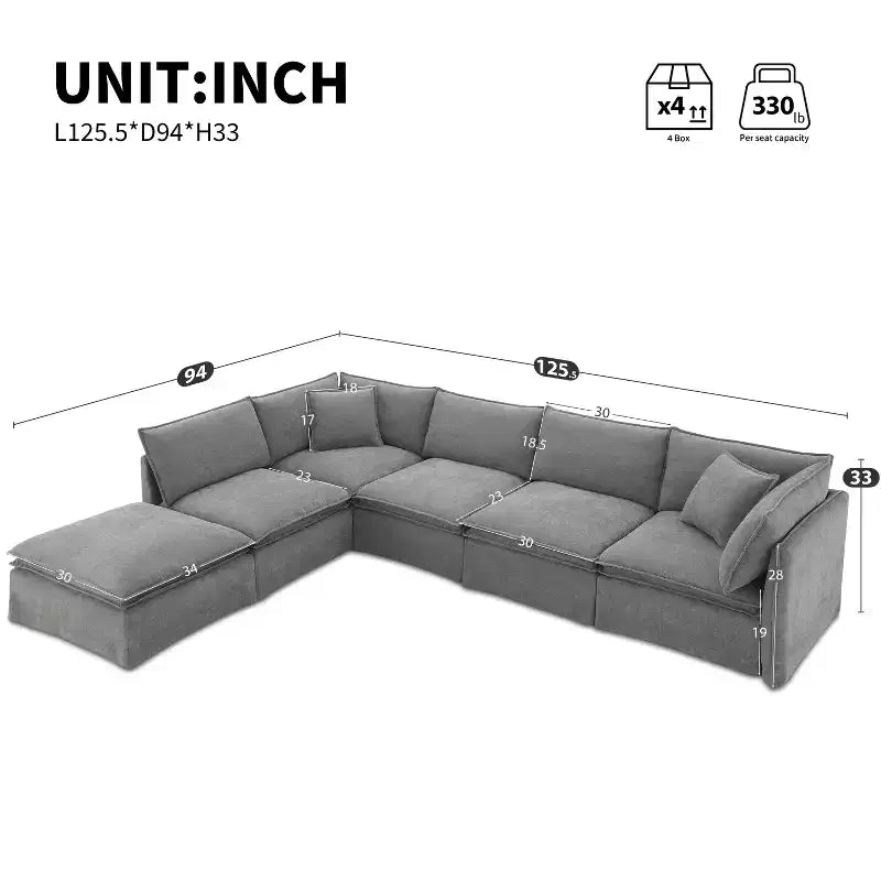 GDFStudio Nelson Moderne 125.5 Canapé Sectionnel Modulaire surdimensionné en Chenille en Forme de L avec Pouf Mobile