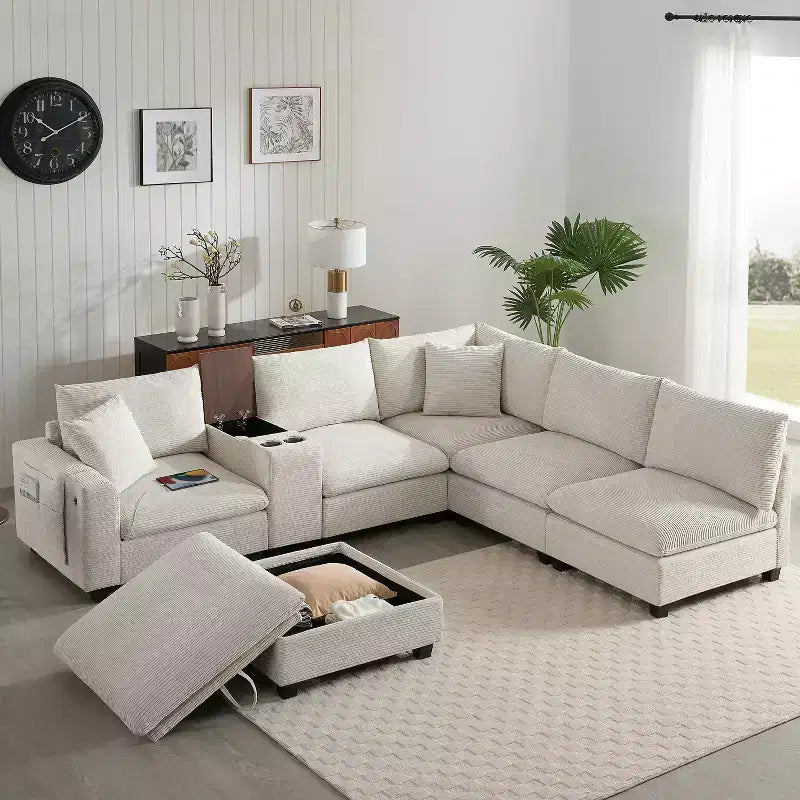 GDFStudio Logan, canapé d'angle modulaire en velours côtelé moderne 140 avec pouf de rangement mobile, console et chargement USB