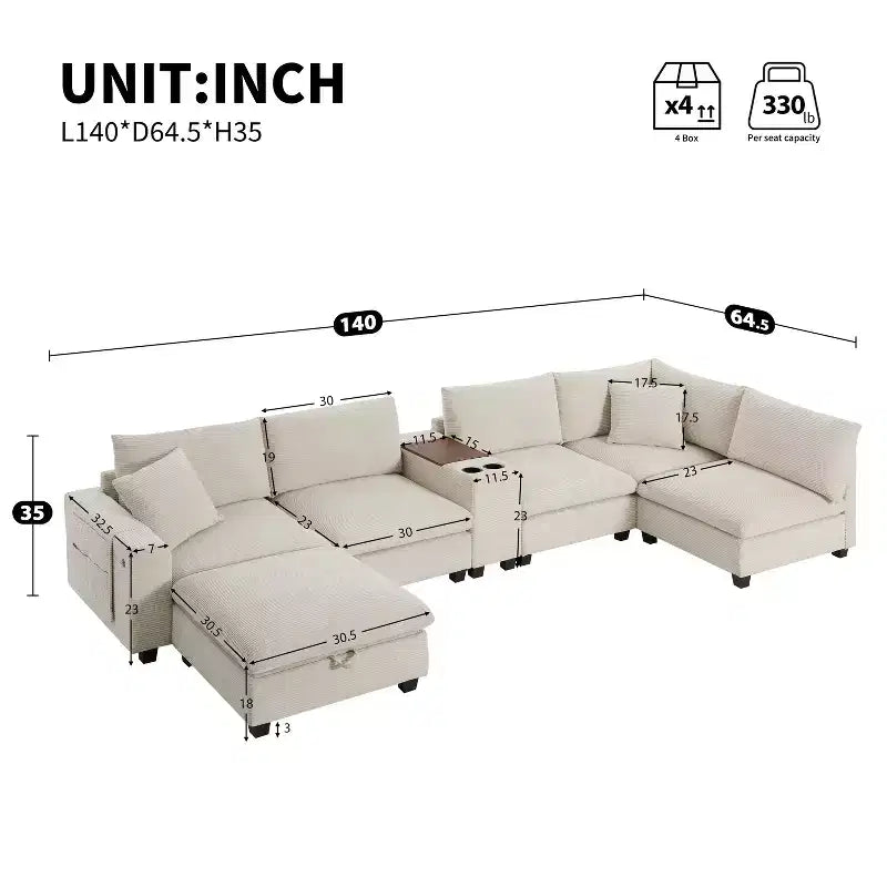 GDFStudio Logan, canapé d'angle modulaire en velours côtelé moderne 140 avec pouf de rangement mobile, console et chargement USB