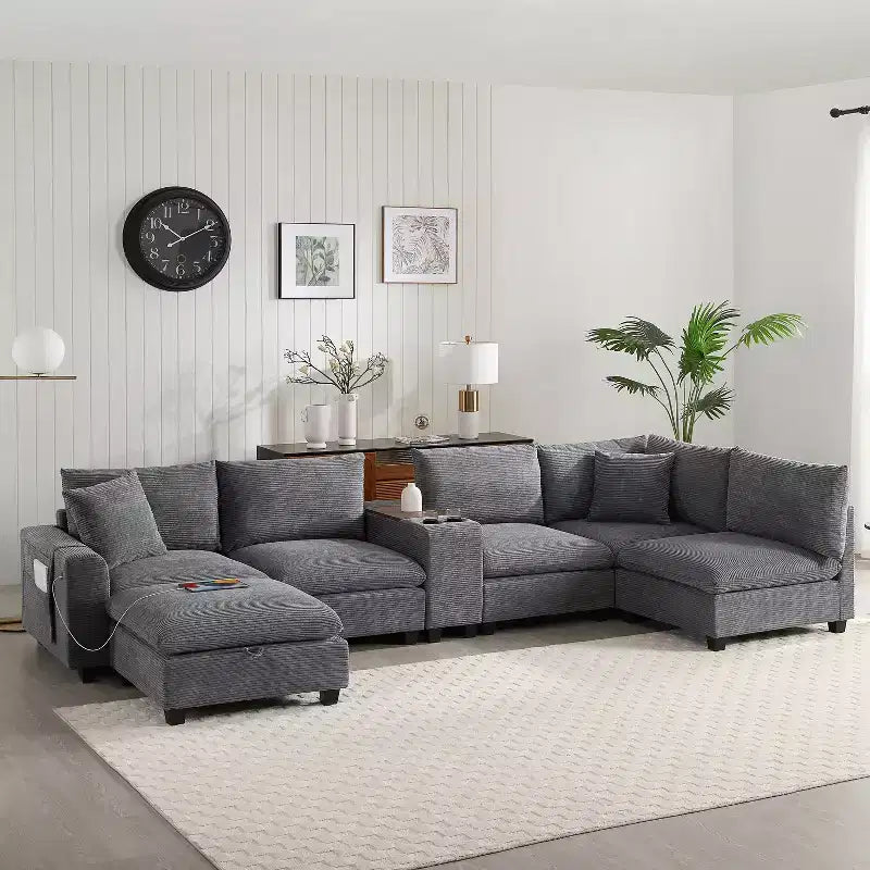 GDFStudio Logan, canapé d'angle modulaire en velours côtelé moderne 140 avec pouf de rangement mobile, console et chargement USB