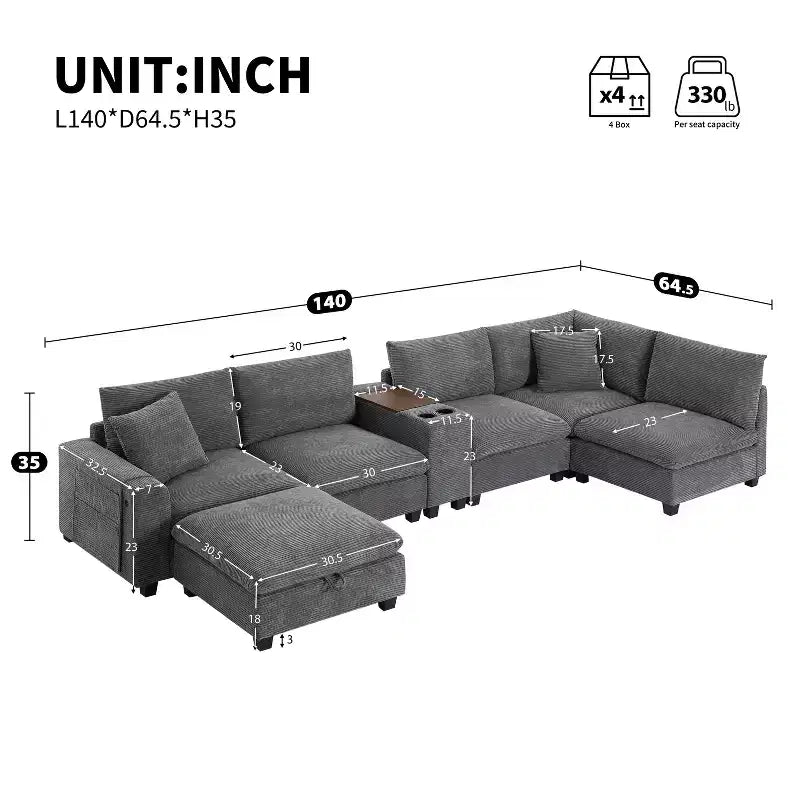 GDFStudio Logan, canapé d'angle modulaire en velours côtelé moderne 140 avec pouf de rangement mobile, console et chargement USB