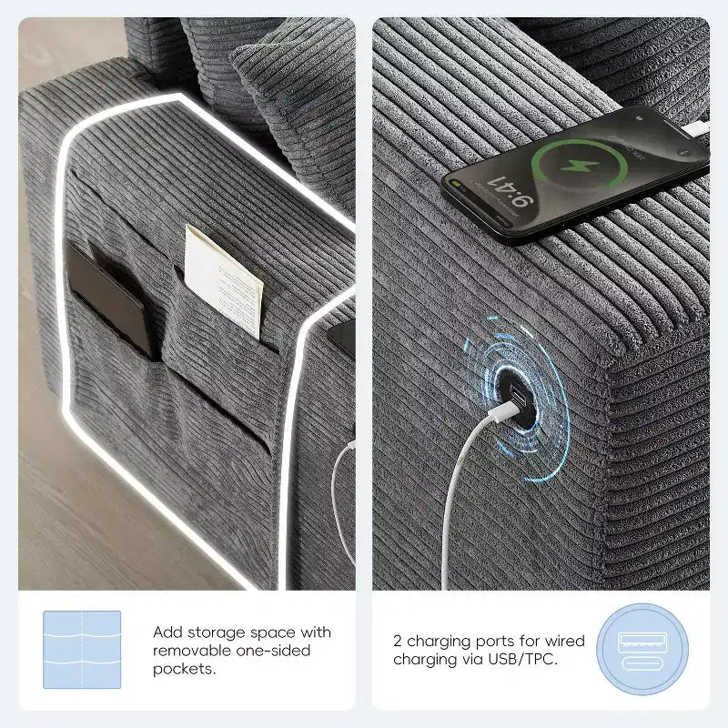 GDFStudio Logan, canapé d'angle modulaire en velours côtelé moderne 140 avec pouf de rangement mobile, console et chargement USB