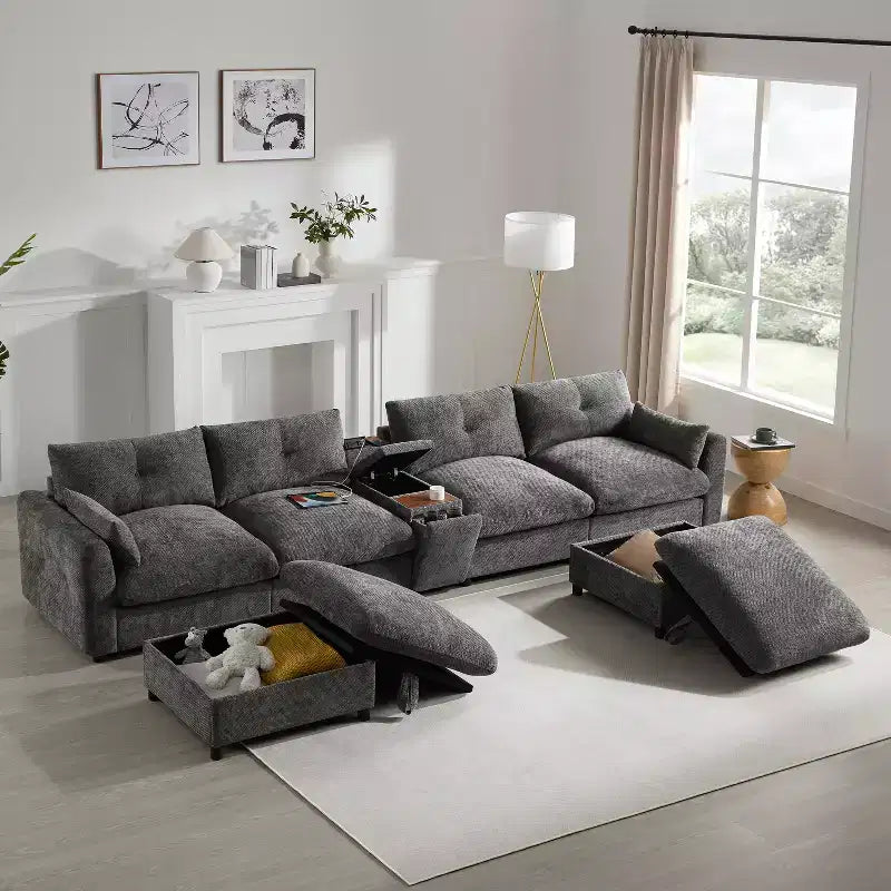 GDFStudio Parker - Canapé sectionnel modulaire en chenille en forme de U avec deux poufs de rangement et une console multifonction