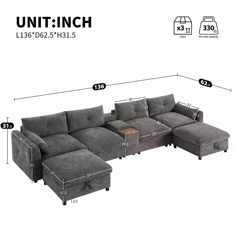 GDFStudio Parker - Canapé sectionnel modulaire en chenille en forme de U avec deux poufs de rangement et une console multifonction