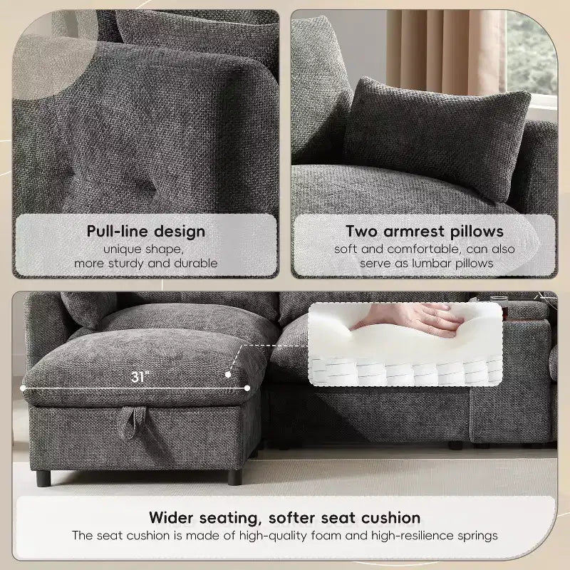 GDFStudio Parker - Canapé sectionnel modulaire en chenille en forme de U avec deux poufs de rangement et une console multifonction