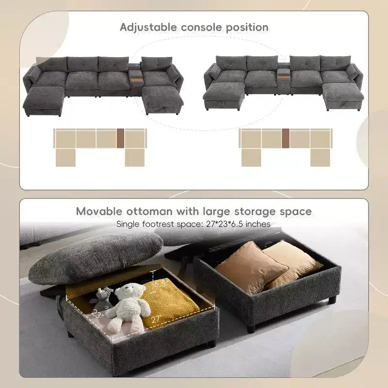 GDFStudio Parker - Canapé sectionnel modulaire en chenille en forme de U avec deux poufs de rangement et une console multifonction