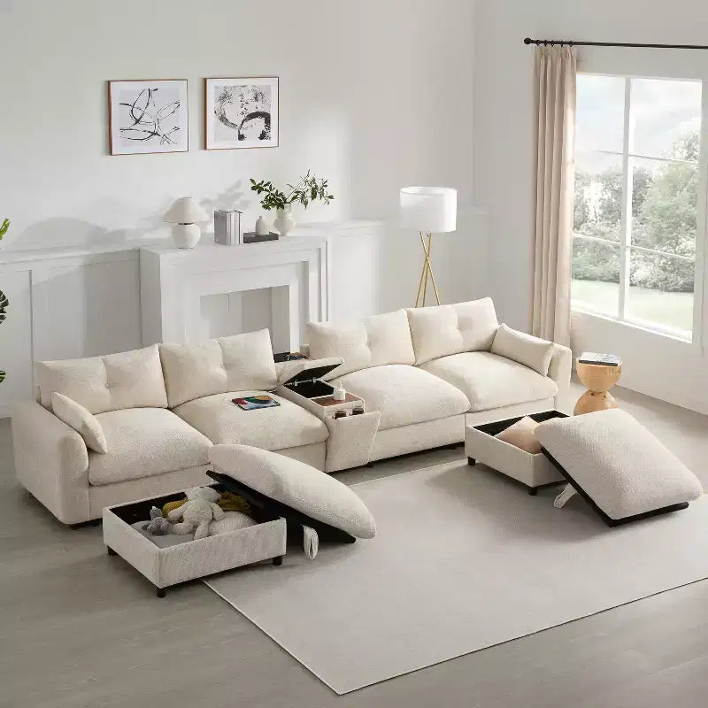 GDFStudio Parker - Canapé sectionnel modulaire en chenille en forme de U avec deux poufs de rangement et une console multifonction