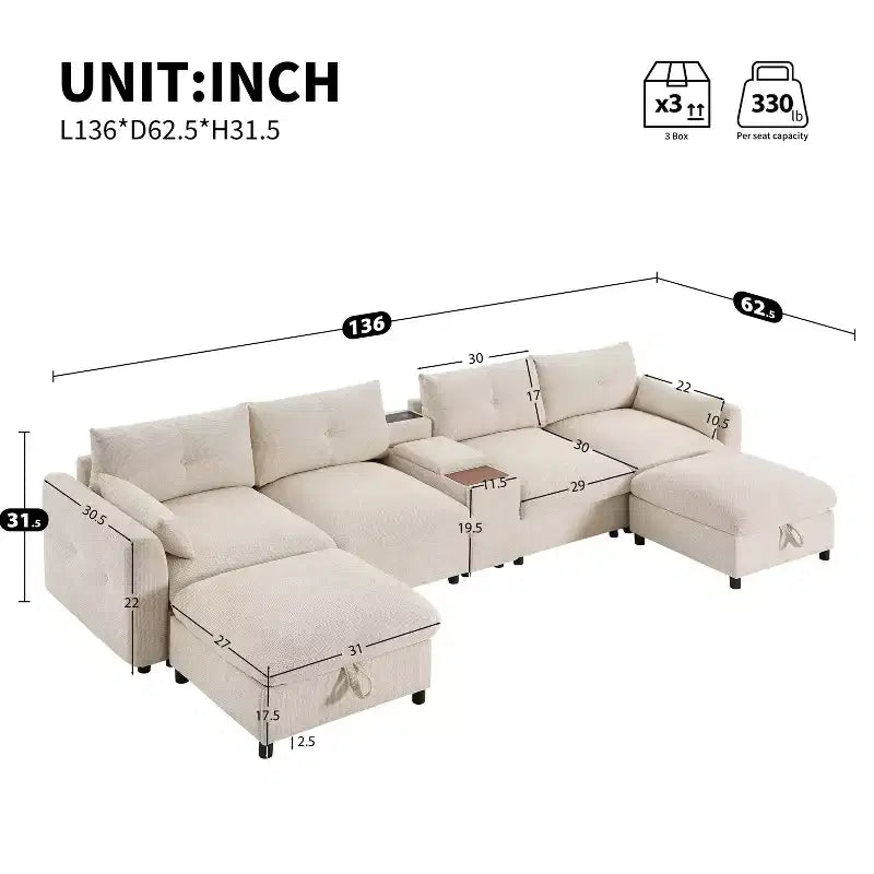 GDFStudio Parker - Canapé sectionnel modulaire en chenille en forme de U avec deux poufs de rangement et une console multifonction