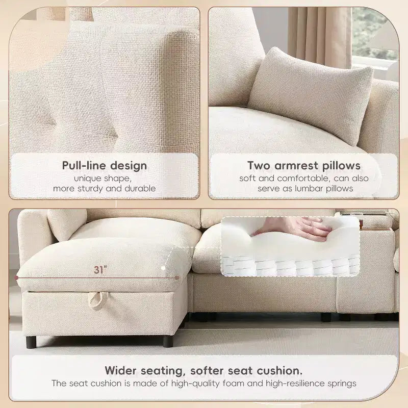 GDFStudio Parker - Canapé sectionnel modulaire en chenille en forme de U avec deux poufs de rangement et une console multifonction