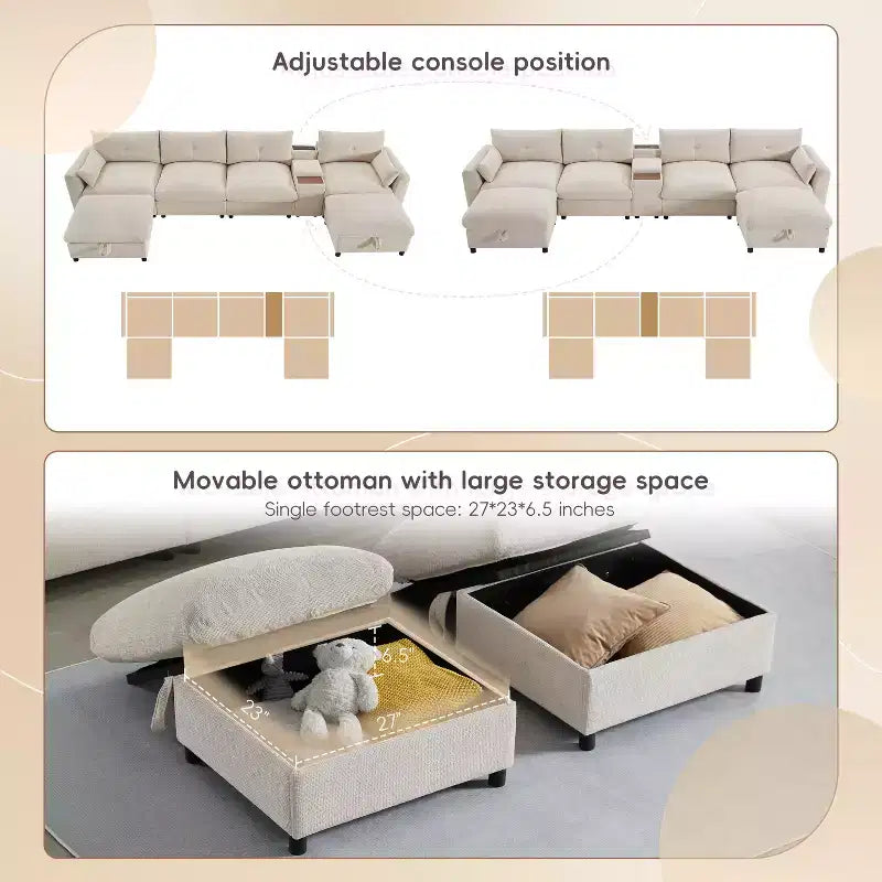 GDFStudio Parker - Canapé sectionnel modulaire en chenille en forme de U avec deux poufs de rangement et une console multifonction