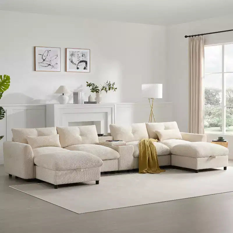 GDFStudio Parker Modern 136 Chenille U-Shaped Modular Sectional Sofa with Two Storage Ottomans and Multifunction Console