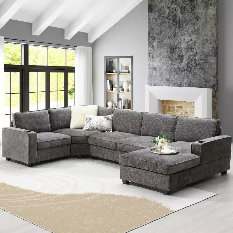 Canapé d'angle en U surdimensionné en chenille Lucas Modern 119 GDFStudio avec porte-gobelets intégrés
