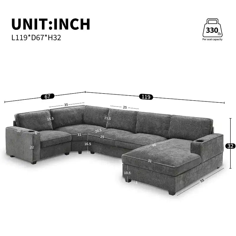 Canapé d'angle en U surdimensionné en chenille Lucas Modern 119 GDFStudio avec porte-gobelets intégrés