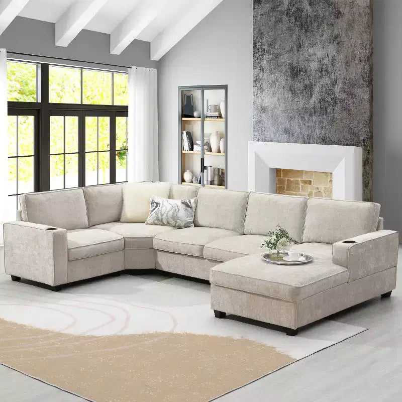 Canapé d'angle en U surdimensionné en chenille Lucas Modern 119 GDFStudio avec porte-gobelets intégrés