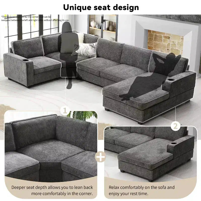 Canapé d'angle en U surdimensionné en chenille Lucas Modern 119 GDFStudio avec porte-gobelets intégrés