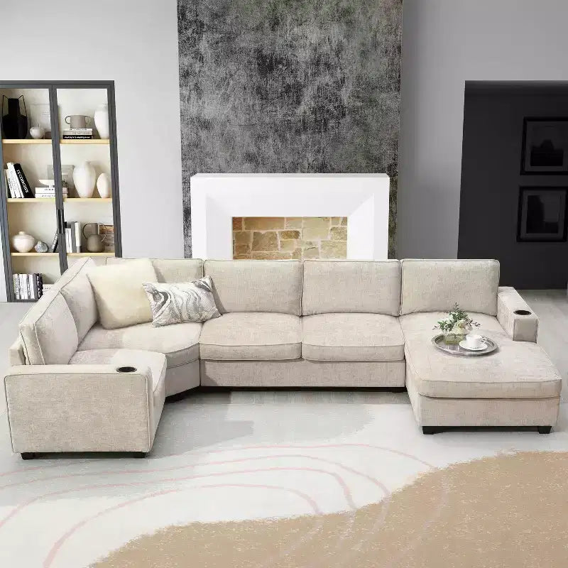 GDFStudio Lucas Modern 119 Oversized Chenille U-Shaped Sectional Sofa with Built-In Cup Holders