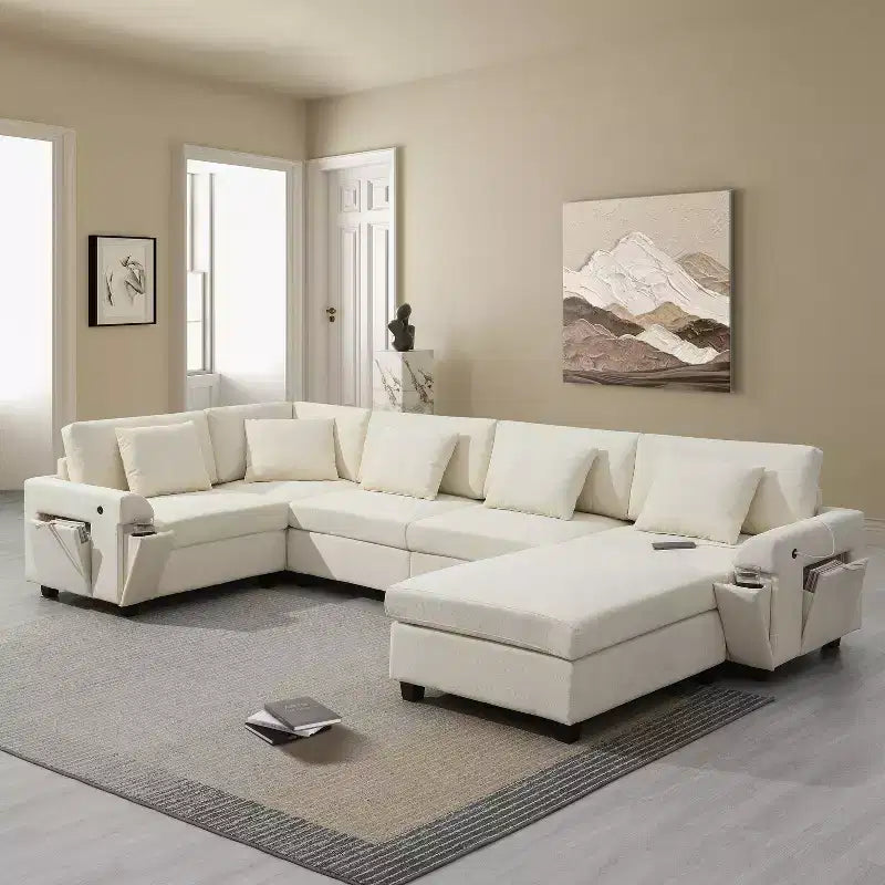 GDFStudio Ira Canapé sectionnel moderne en chenille en U avec ottoman, rangement dissimulé et deux ports de chargement