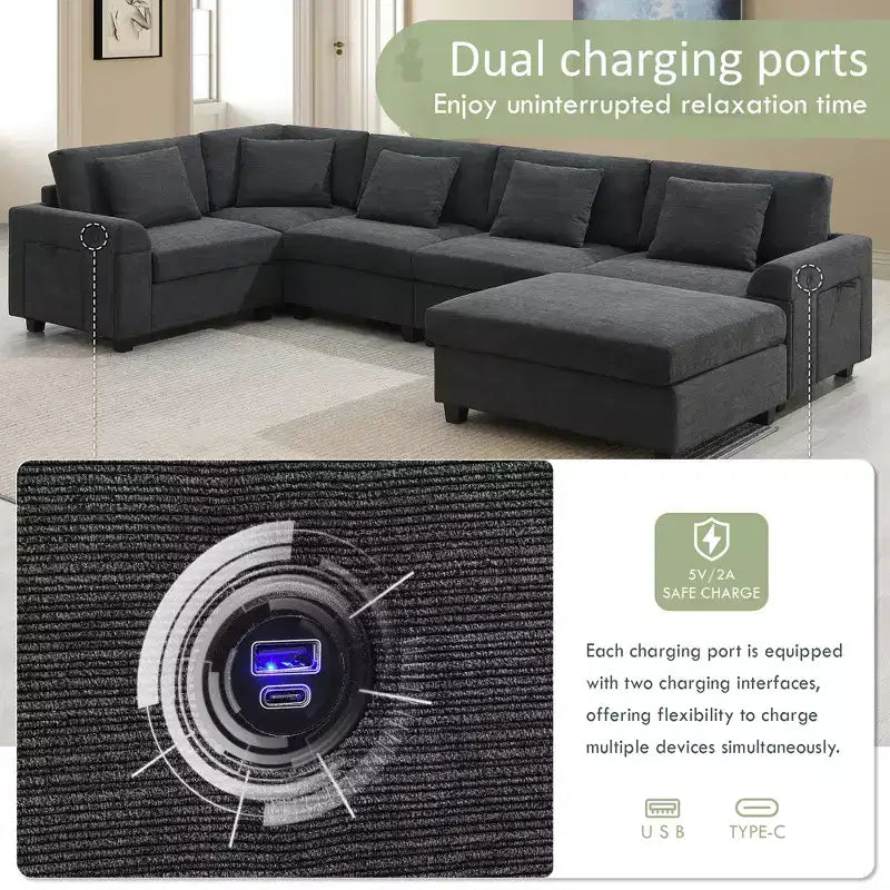 GDFStudio Ira Canapé sectionnel moderne en chenille en U avec ottoman, rangement dissimulé et deux ports de chargement