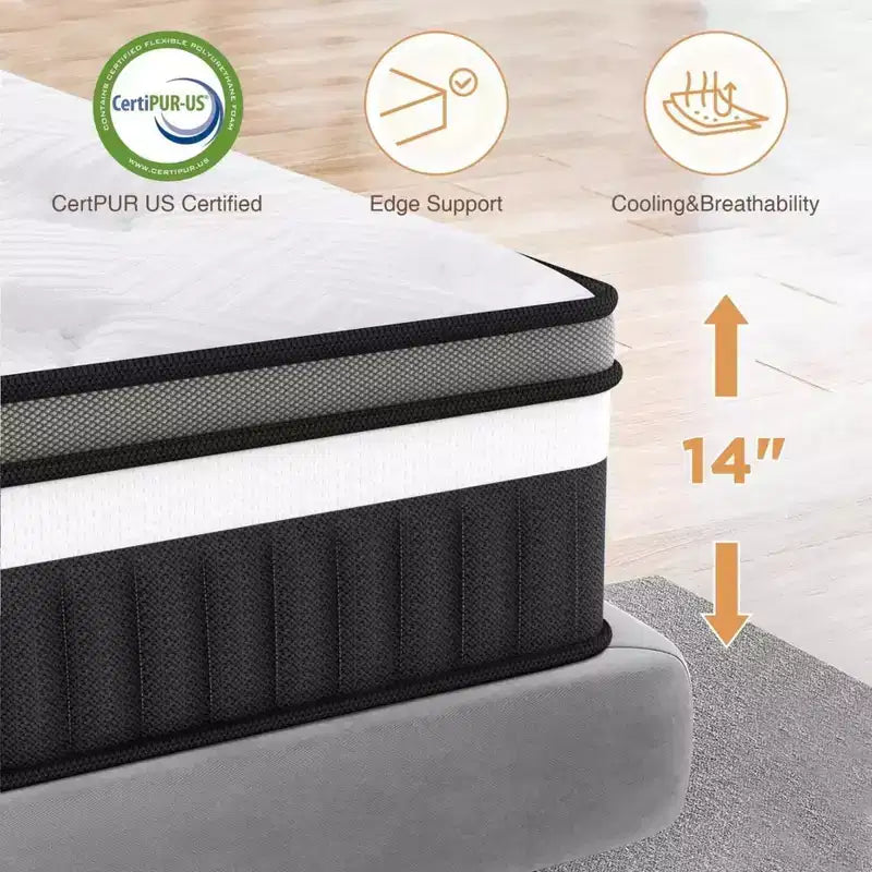 Matelas en mousse à mémoire de forme gel 14 pouces King Fermeté moyenne, Matelas pour le soulagement de la pression et un sommeil frais Certifié CertiPUR-US