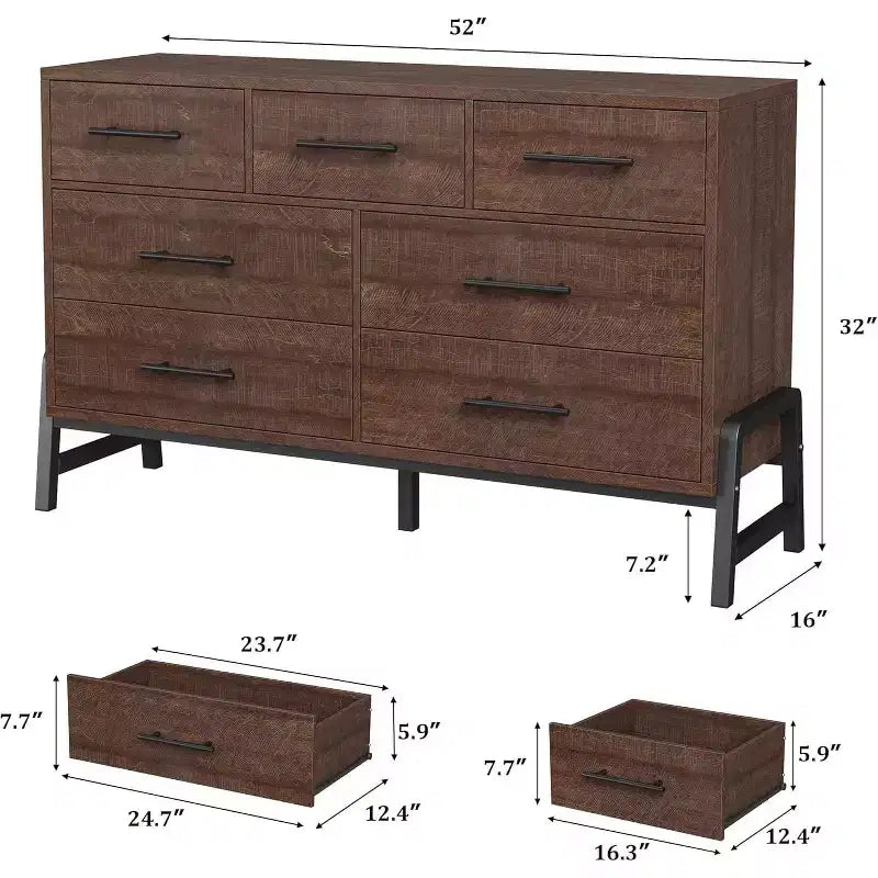 Commode à 7 tiroirs, meuble de rangement de 132 cm de large en bois avec tiroirs profonds pour chambre, salon ou entrée, compatible avec les robots aspirateurs