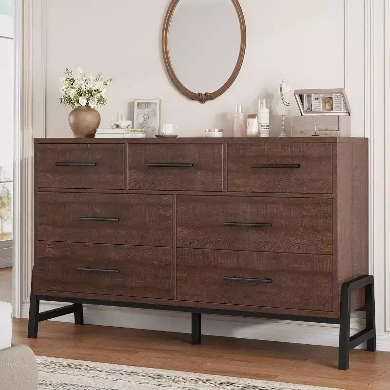 Commode à 7 tiroirs, meuble de rangement de 132 cm de large en bois avec tiroirs profonds pour chambre, salon ou entrée, compatible avec les robots aspirateurs