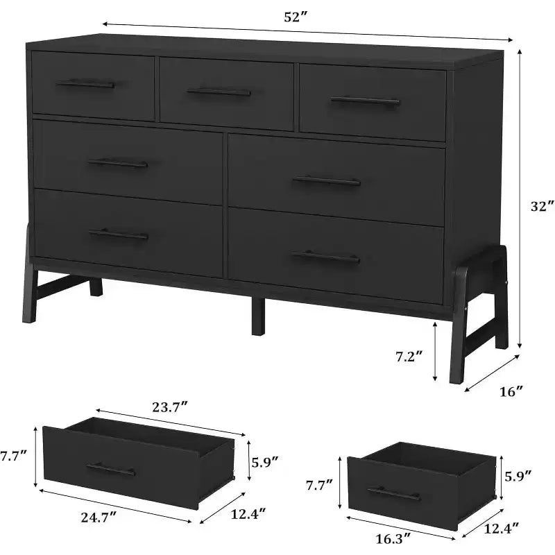 Commode à 7 tiroirs, meuble de rangement de 132 cm de large en bois avec tiroirs profonds pour chambre, salon ou entrée, compatible avec les robots aspirateurs