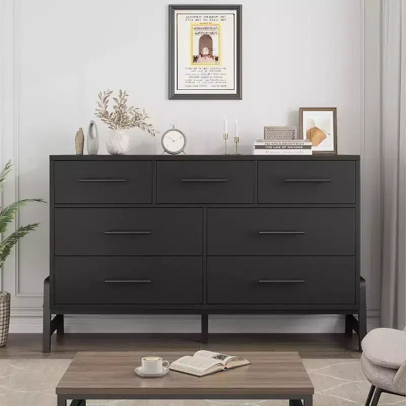 Commode à 7 tiroirs, meuble de rangement de 132 cm de large en bois avec tiroirs profonds pour chambre, salon ou entrée, compatible avec les robots aspirateurs
