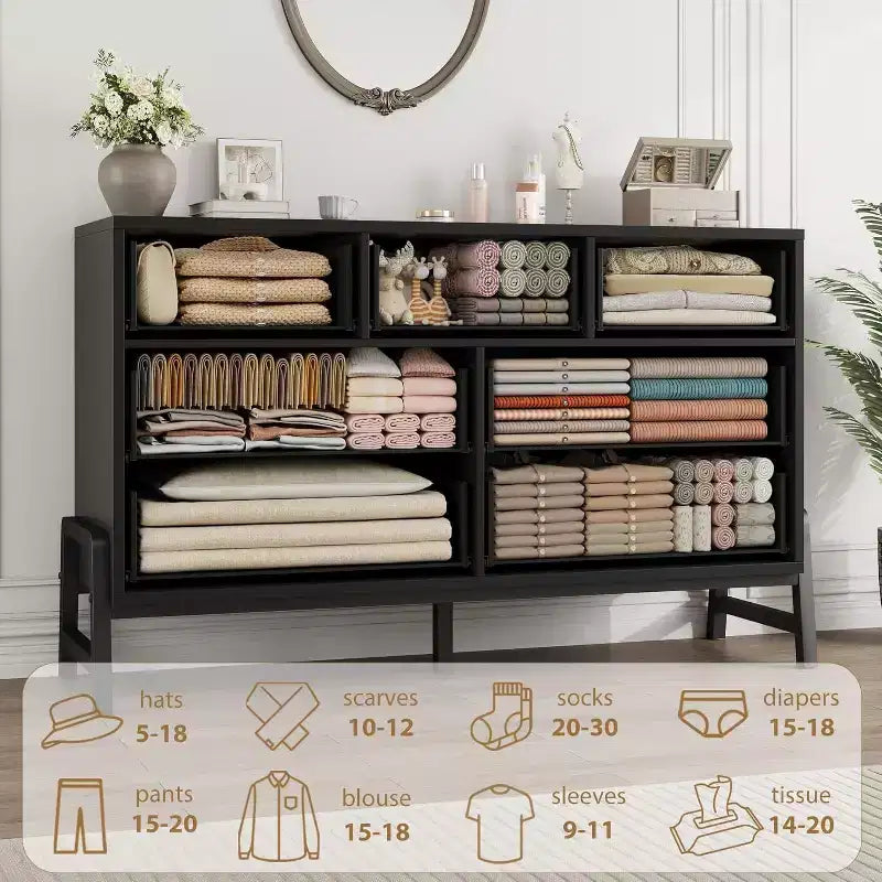 Commode à 7 tiroirs, meuble de rangement de 132 cm de large en bois avec tiroirs profonds pour chambre, salon ou entrée, compatible avec les robots aspirateurs