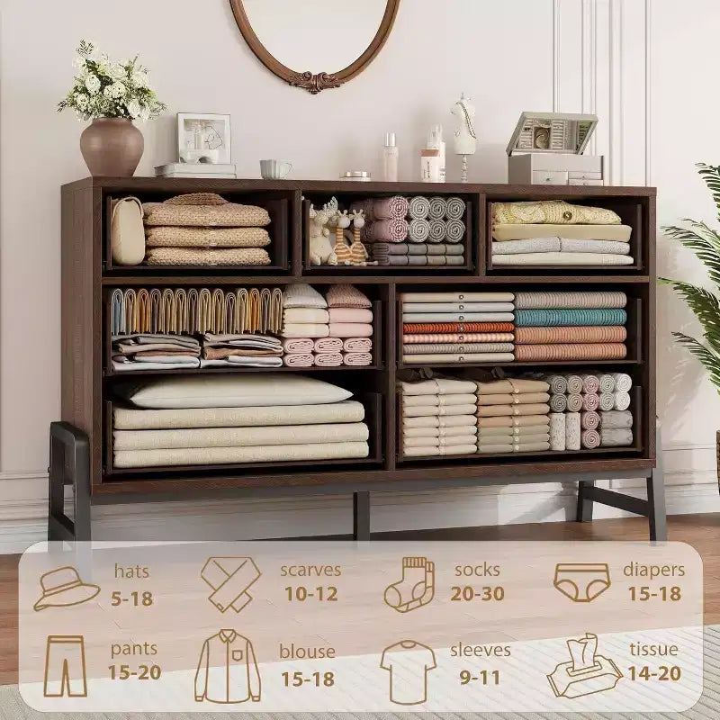 Commode à 7 tiroirs, meuble de rangement de 132 cm de large en bois avec tiroirs profonds pour chambre, salon ou entrée, compatible avec les robots aspirateurs