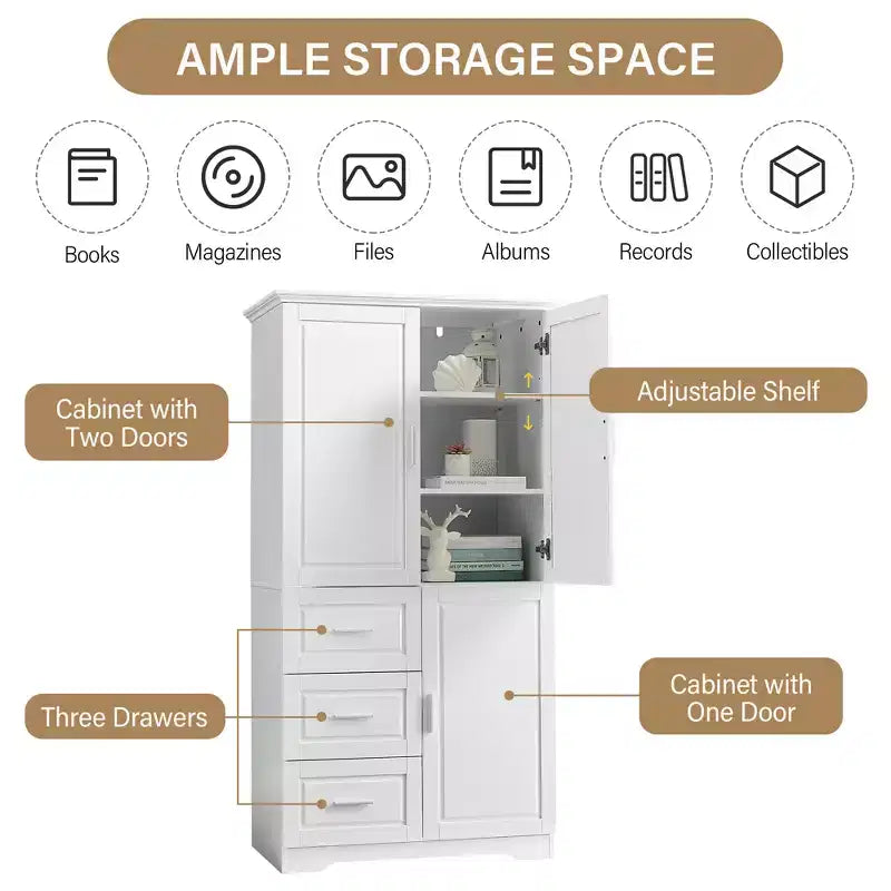 Meuble de rangement de salle de bain autoportant moderne GDFStudio Sienna en bois avec trois tiroirs et une étagère réglable