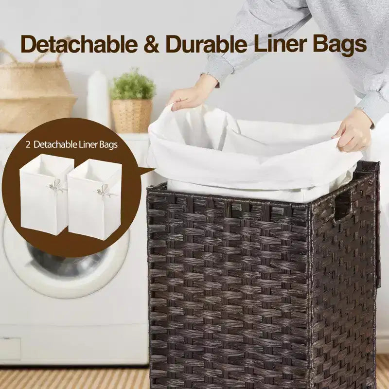 Panier à linge Greenstell avec couvercle, deux sacs intérieurs amovibles, panier de rangement à deux compartiments