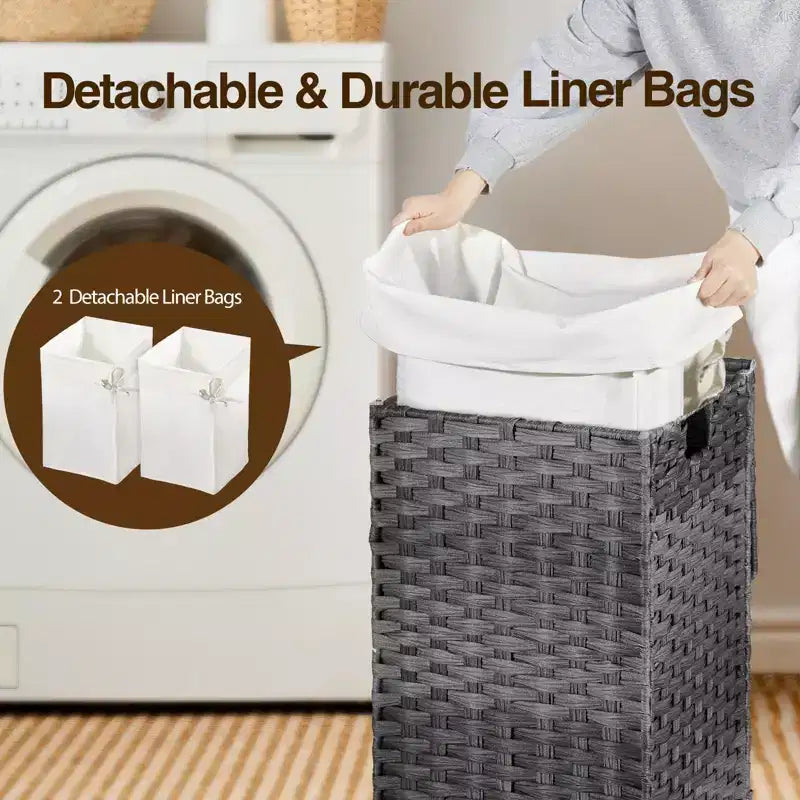 Panier à linge Greenstell avec couvercle, deux sacs intérieurs amovibles, panier de rangement à deux compartiments