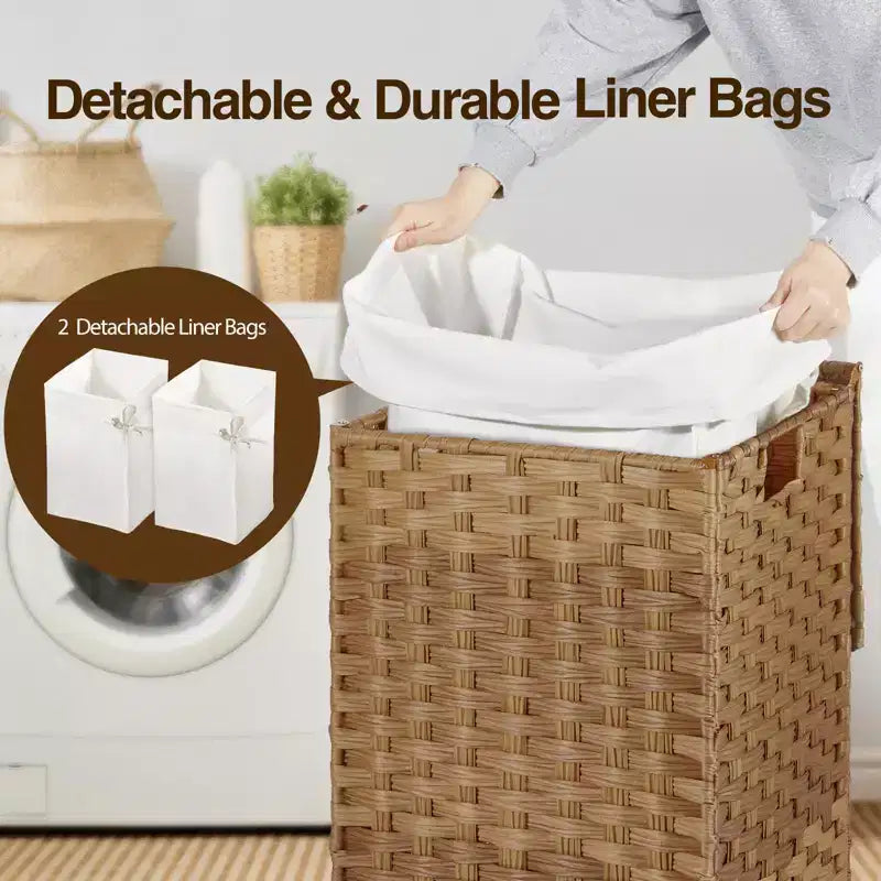 Panier à linge Greenstell avec couvercle, deux sacs intérieurs amovibles, panier de rangement à deux compartiments