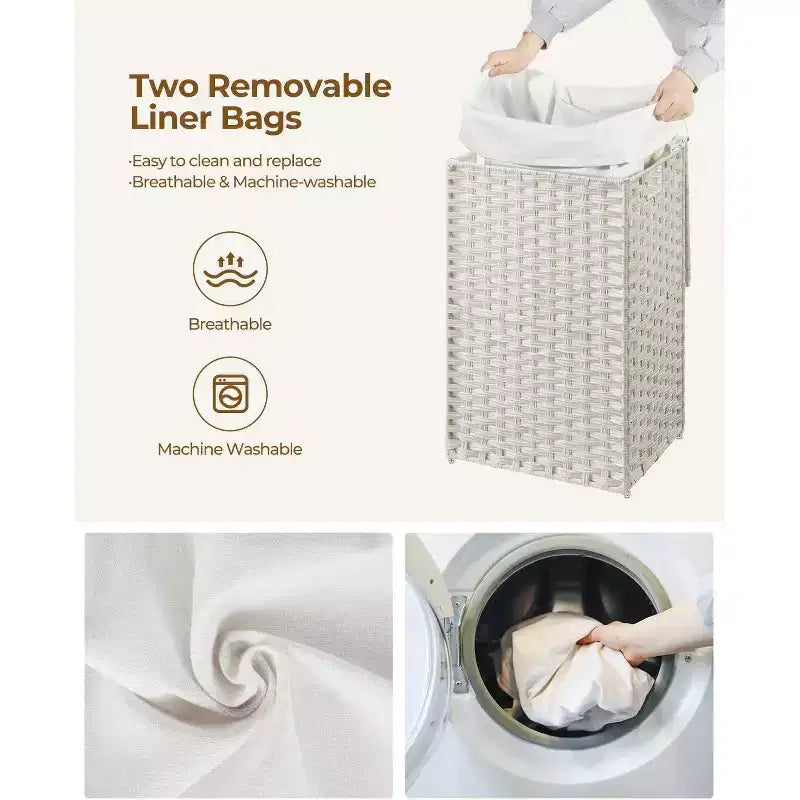Panier à linge Greenstell avec couvercle, deux sacs intérieurs amovibles, panier de rangement à deux compartiments