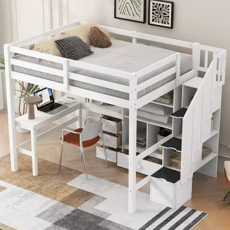 Lit mezzanine Clihome double avec bureau en L et tiroirs, armoire et escalier de rangement