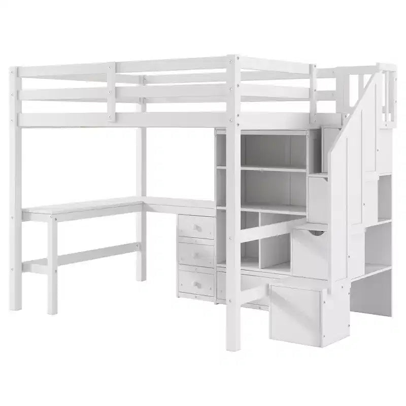 Lit mezzanine Clihome double avec bureau en L et tiroirs, armoire et escalier de rangement