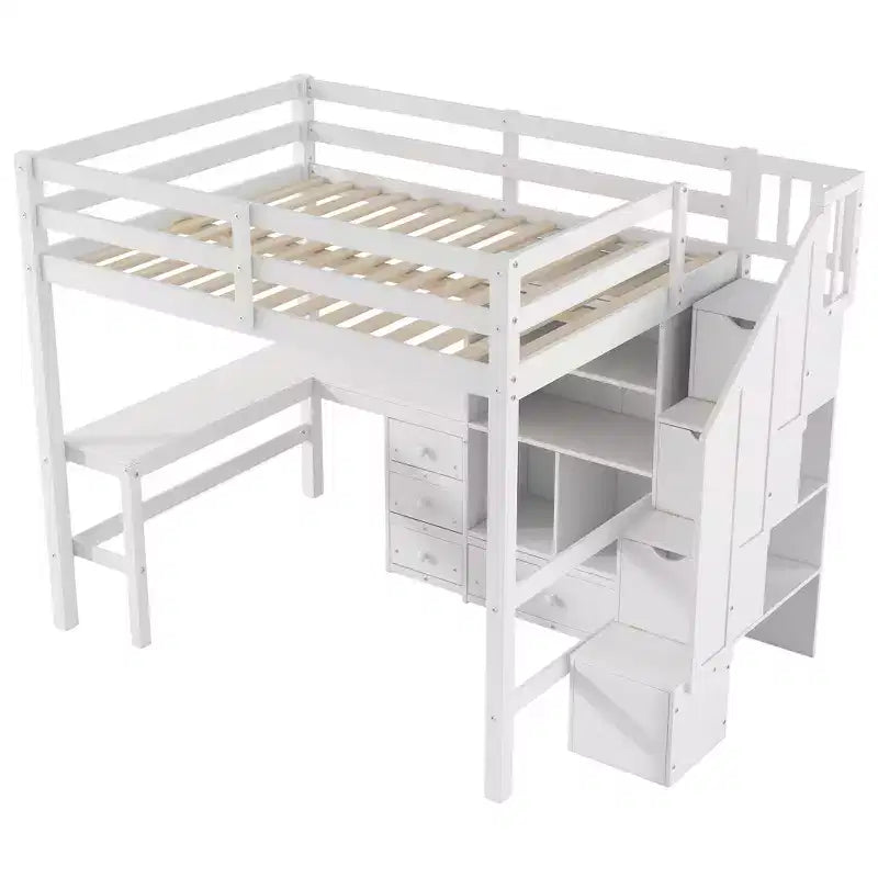 Lit mezzanine Clihome double avec bureau en L et tiroirs, armoire et escalier de rangement