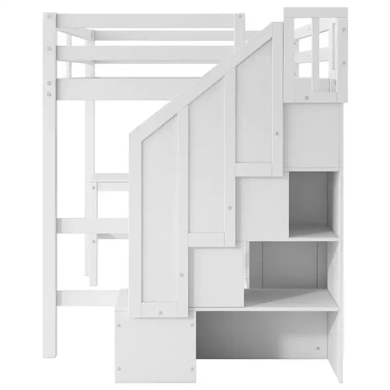 Lit mezzanine Clihome double avec bureau en L et tiroirs, armoire et escalier de rangement