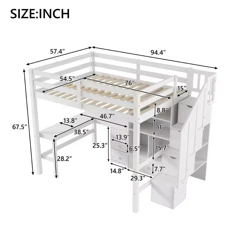 Lit mezzanine Clihome double avec bureau en L et tiroirs, armoire et escalier de rangement