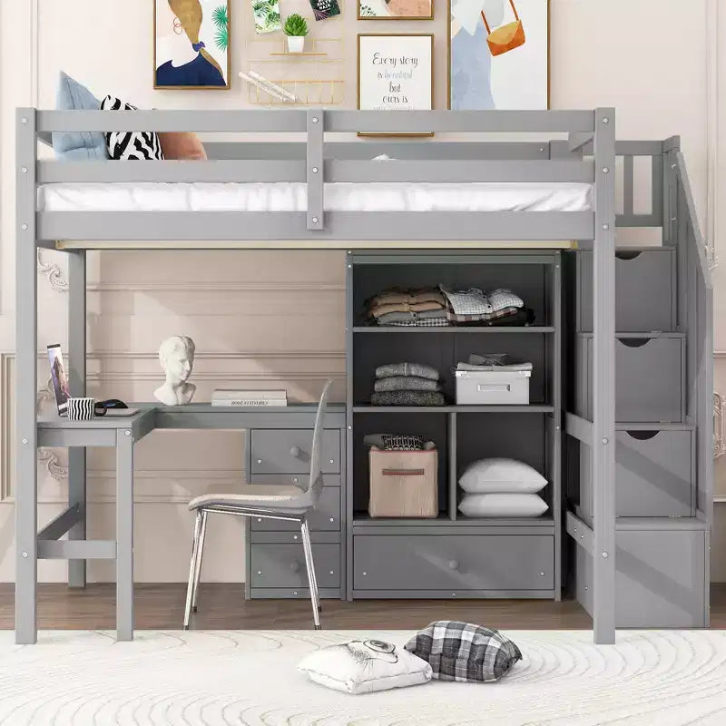 Lit mezzanine Clihome double avec bureau en L et tiroirs, armoire et escalier de rangement