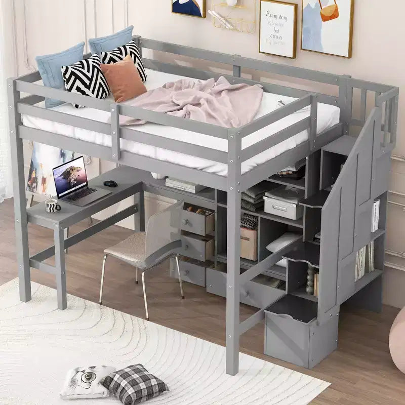 Lit mezzanine Clihome double avec bureau en L et tiroirs, armoire et escalier de rangement