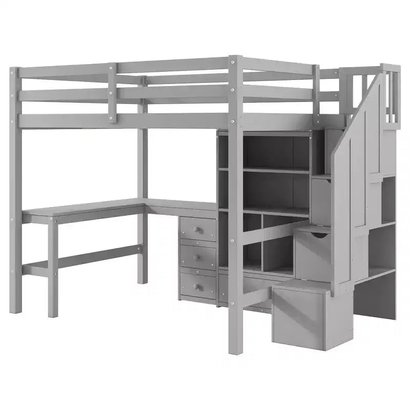 Lit mezzanine Clihome double avec bureau en L et tiroirs, armoire et escalier de rangement