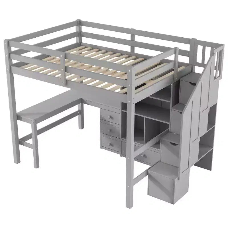 Lit mezzanine Clihome double avec bureau en L et tiroirs, armoire et escalier de rangement