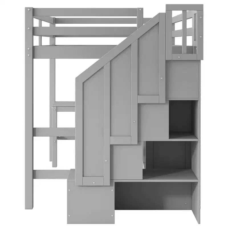 Lit mezzanine Clihome double avec bureau en L et tiroirs, armoire et escalier de rangement
