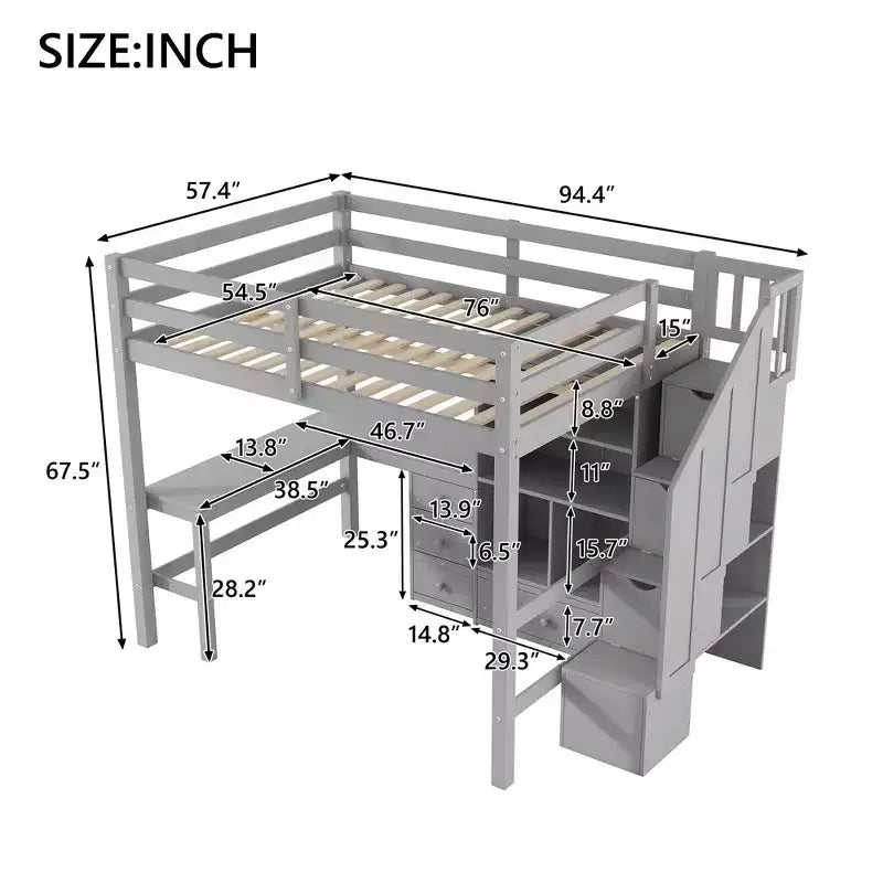 Lit mezzanine Clihome double avec bureau en L et tiroirs, armoire et escalier de rangement