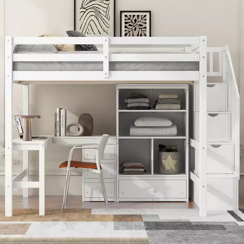 Lit mezzanine Clihome double avec bureau en L et tiroirs, armoire et escalier de rangement