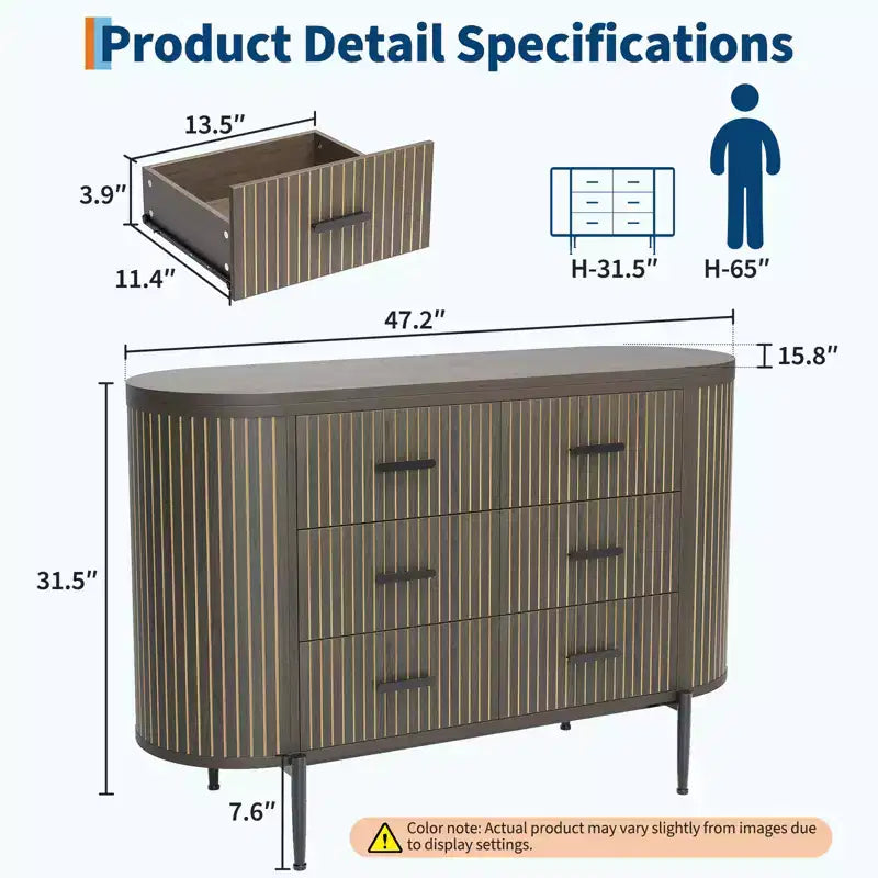Commode 6 tiroirs cannelés, commode en bois moderne du milieu du siècle de 120 cm de large avec profil incurvé et poignées dorées pour chambre à coucher ou dressing