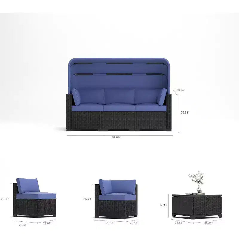 Ensemble de 6 chaises longues d'extérieur avec auvent rétractable, salon de jardin avec dossiers réglables, chaises longues